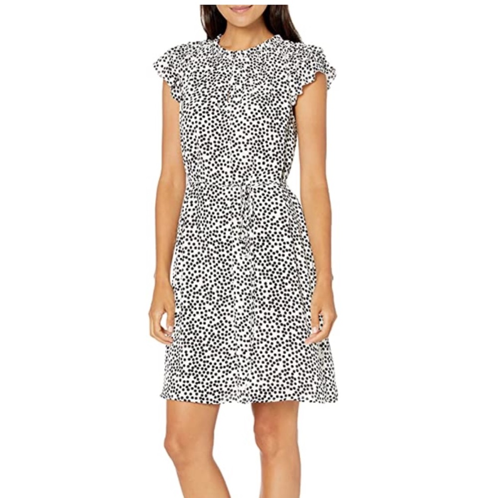 Lark & Ro womens Split Neck Ruched Flutter Sleeve Dress